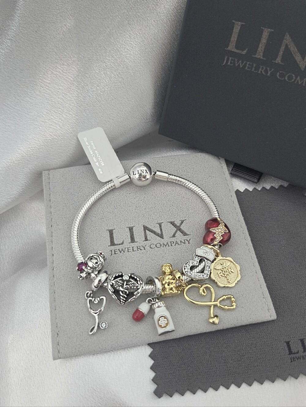 Linx Snake Chain Bracelet with Silver and Gold Registered Nurse Themed Charms
